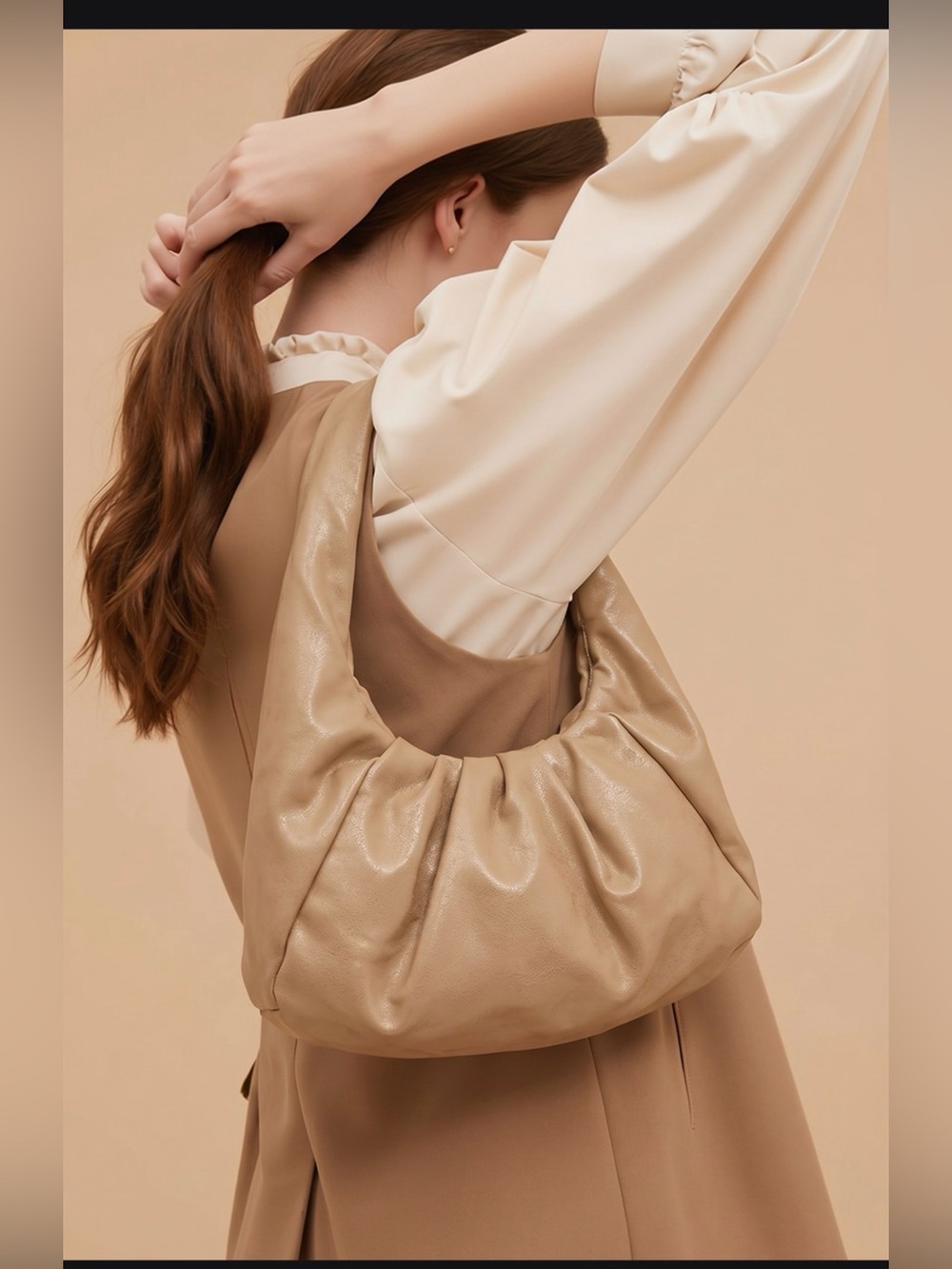 Soft Gathered Shoulder Bag in Beige NWOT